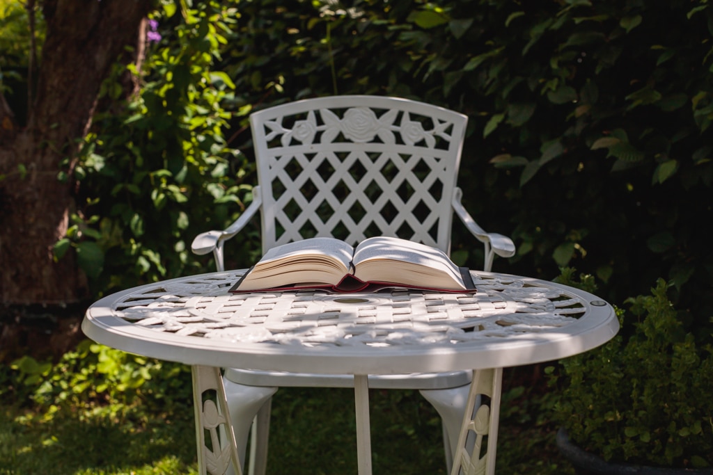 Schattiger Leseplatz im Garten für eine Auszeit mit dem Buch "Der Historiker" von Elizabeth Kostova